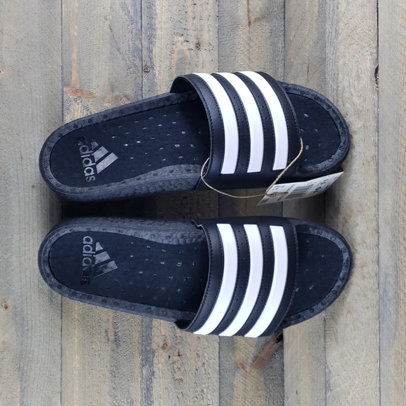 adidas Adilette Boost Men's Slides Sandals Black White Supreme Cushioning - Picture 2 of 9